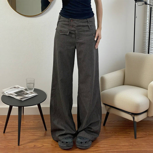 Retro striped style waist-top straight-leg pants