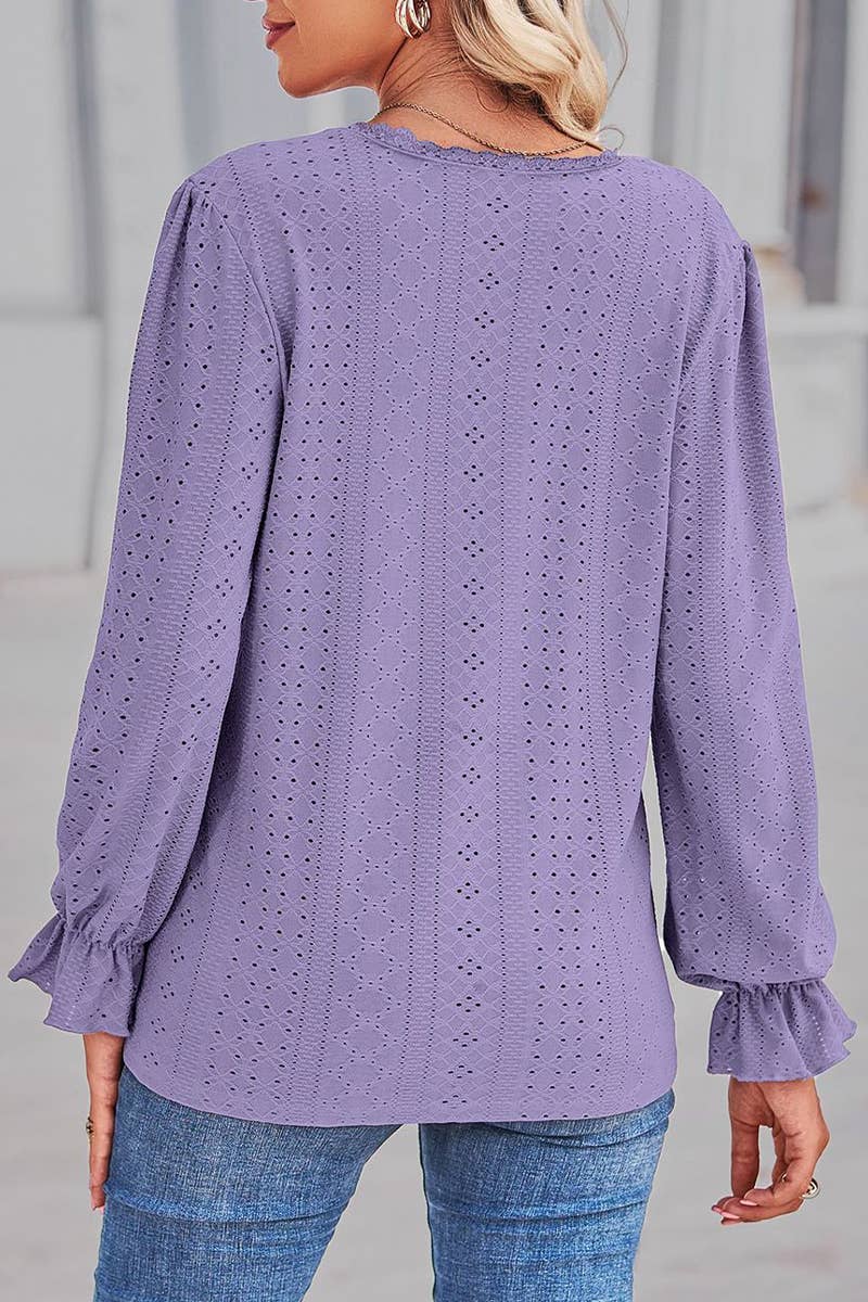 WOMEN LACE TRIM NECK EYELET LONG SLEEVE SHIRT TOP_CWTSTL0301