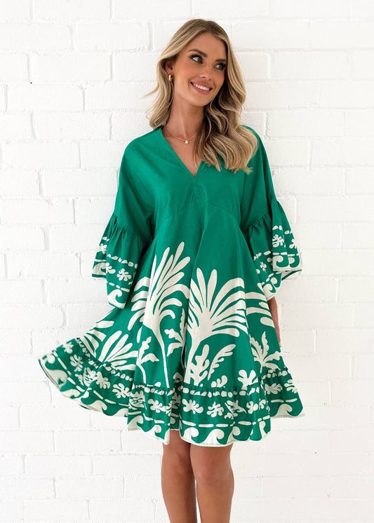 V-neck print flared sleeves loose short dress
