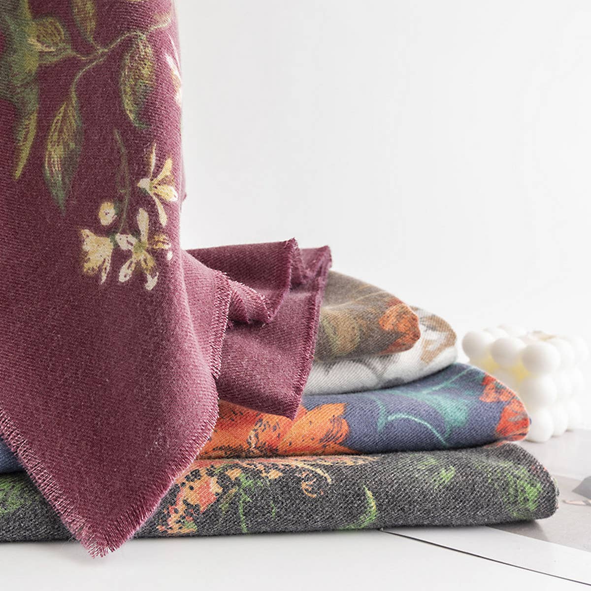 Rose Print Tassel Scarf - Boho Faux Cashmere Wrap