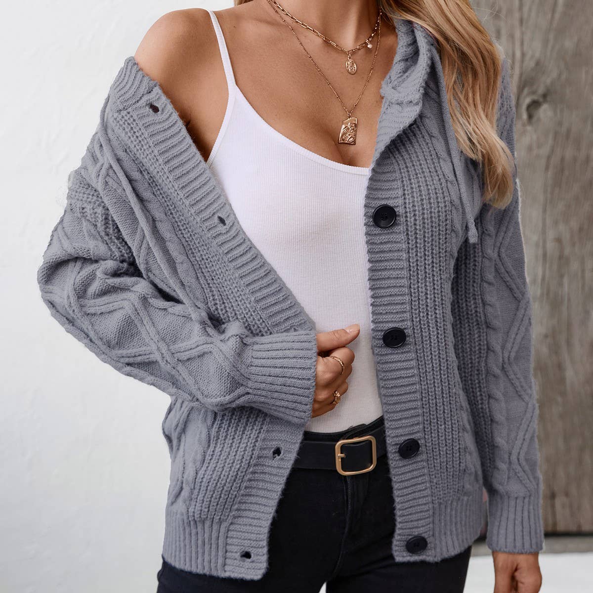 Solid color hooded drawstring single-breasted cardigan