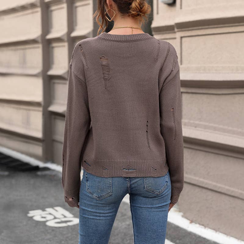 HOLLOW SOLID COLOR CREW NECK CASUAL LOOSE SWEATER