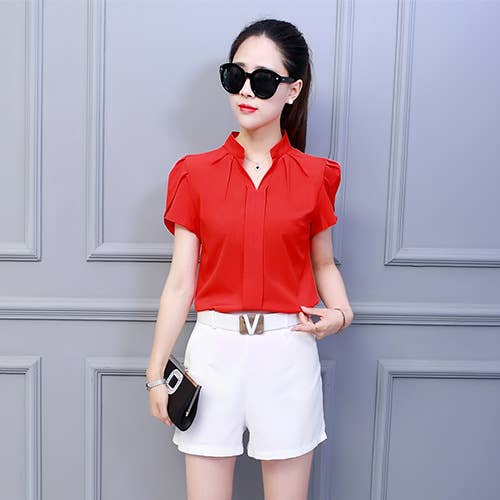 SHORT SLEEVE CHIFFON SHIRT WITH LOTUS SLEEVES
