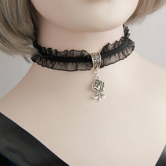 HALLOWEEN LACE ROSE PENDANT SHORT CLAVICLE CHAIN