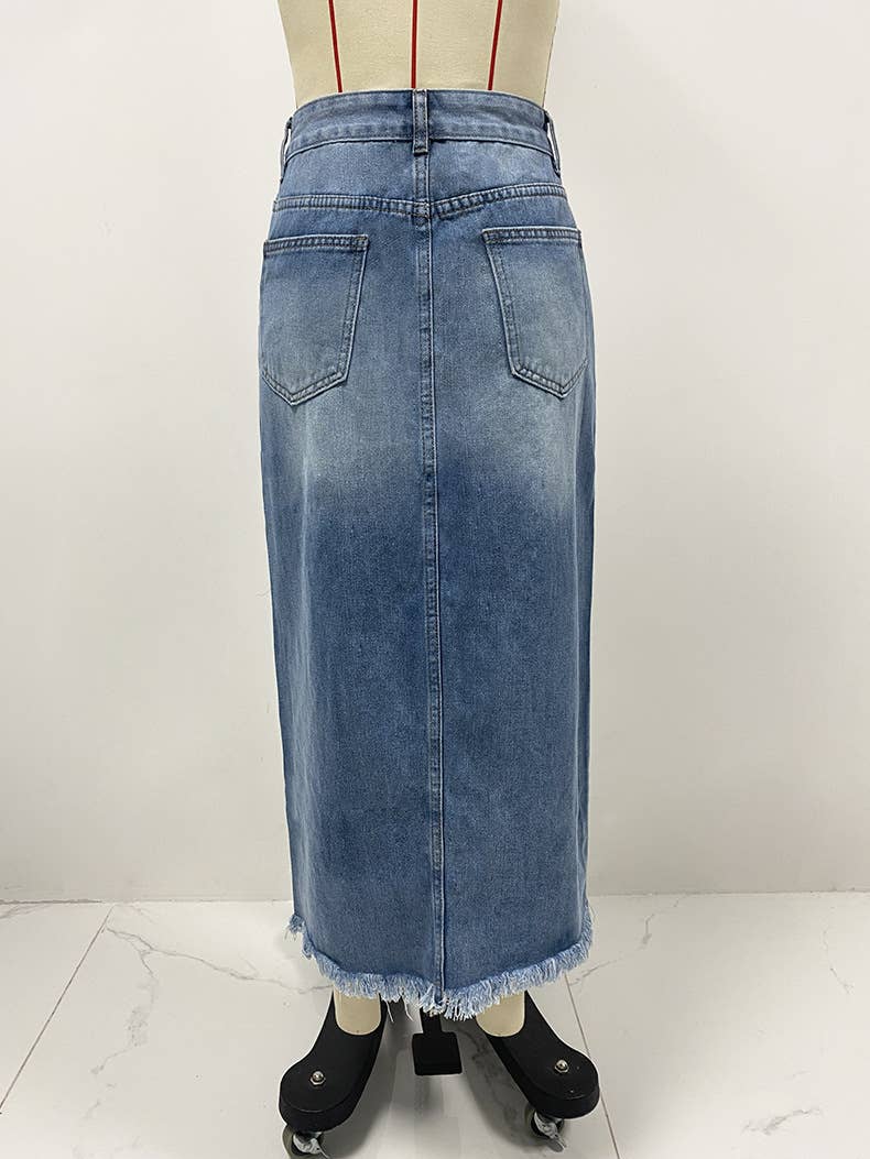 High-Waisted Asymmetrical Frayed Denim Skirt