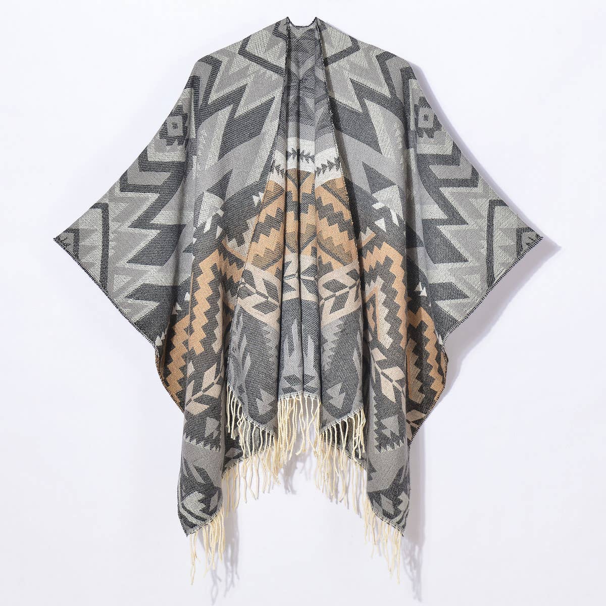 GEOMETRIC WAVE TASSEL SLIT SHAWL