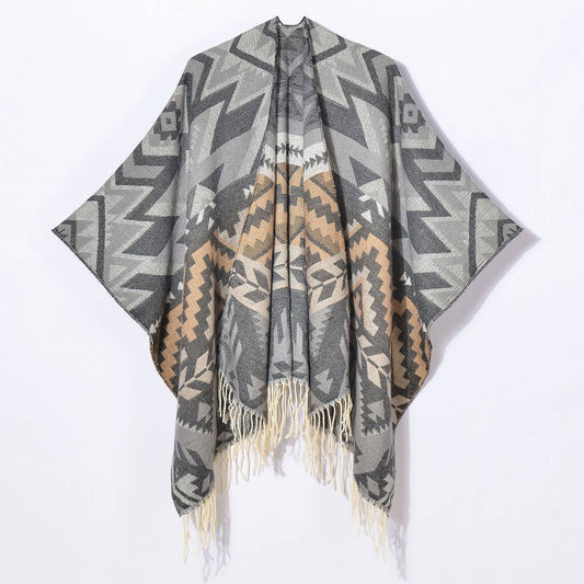 GEOMETRIC WAVE TASSEL SLIT SHAWL