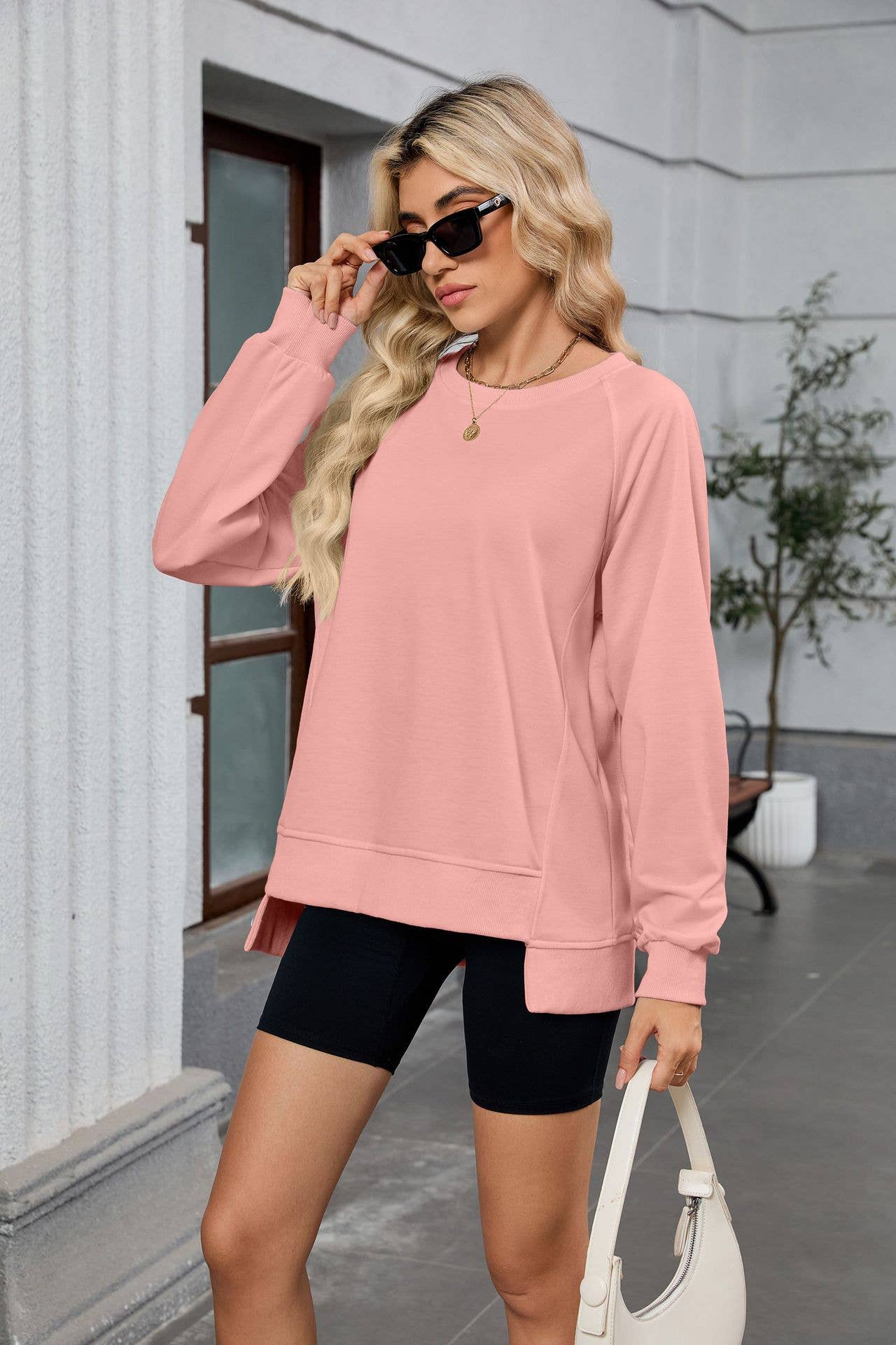Solid color thread round neck loose hoodie