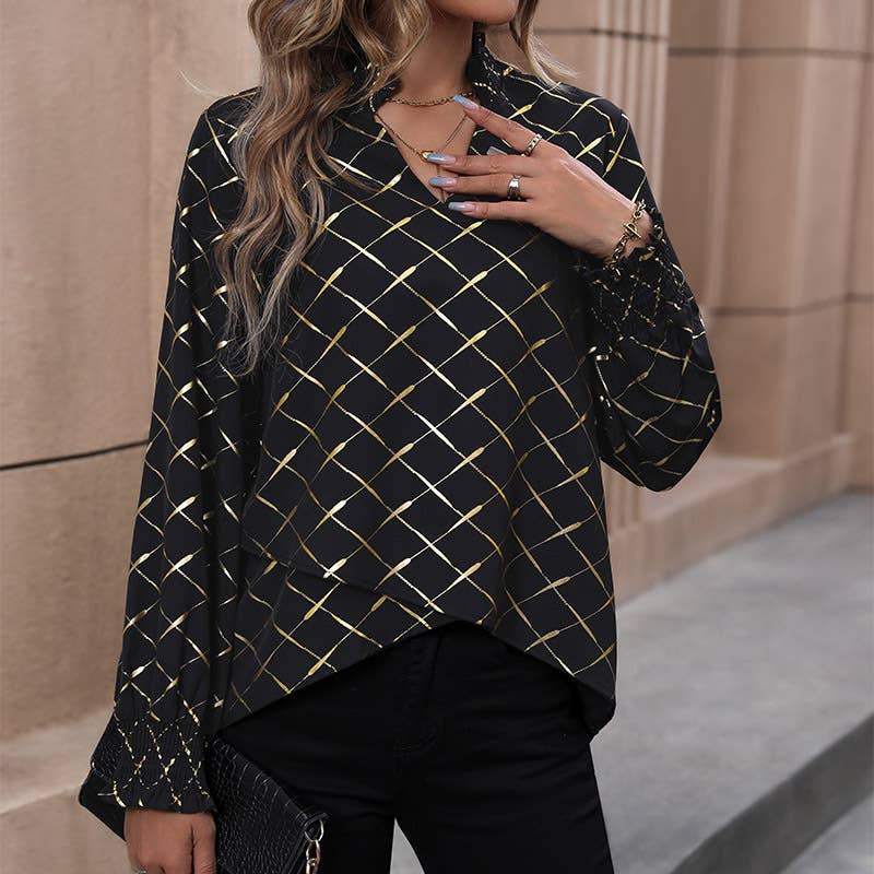 STAND COLLAR V-NECK GOLD STRIPED PULLOVER SHIRT