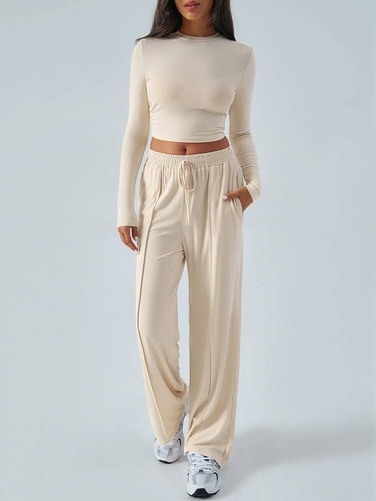 TEMPERAMENT ROUND NECK TOP WIDE LEG PANT SUIT