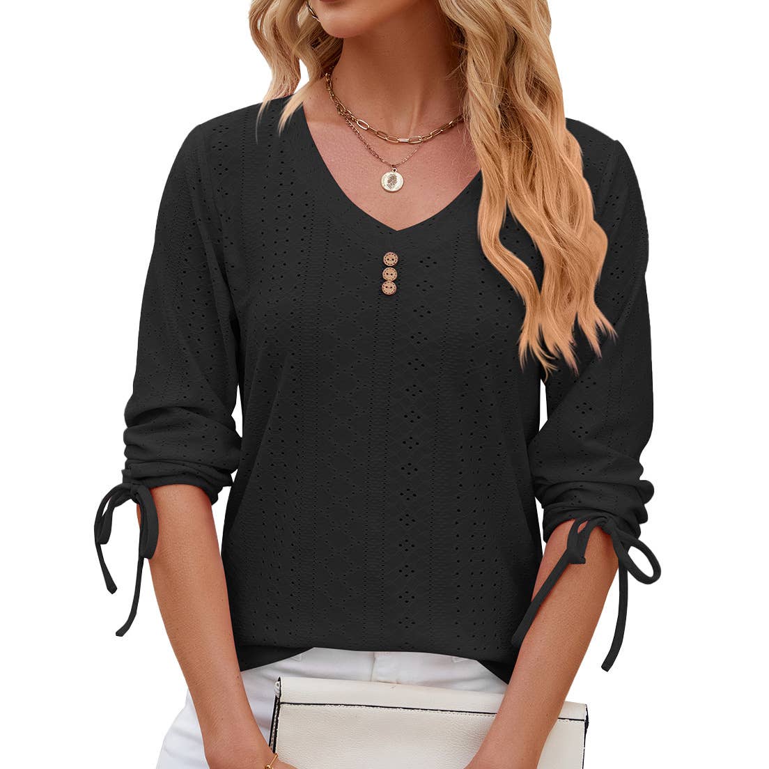 V-neck seven-point sleeved drawstring loose shirt