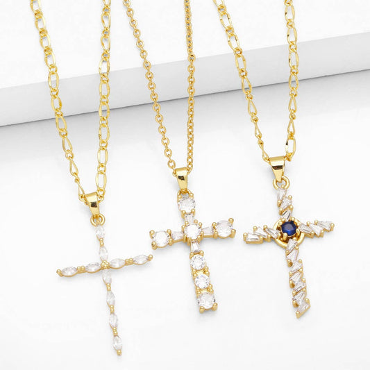 GOLDEN ZIRCON CROSS PENDANT NECKLACE