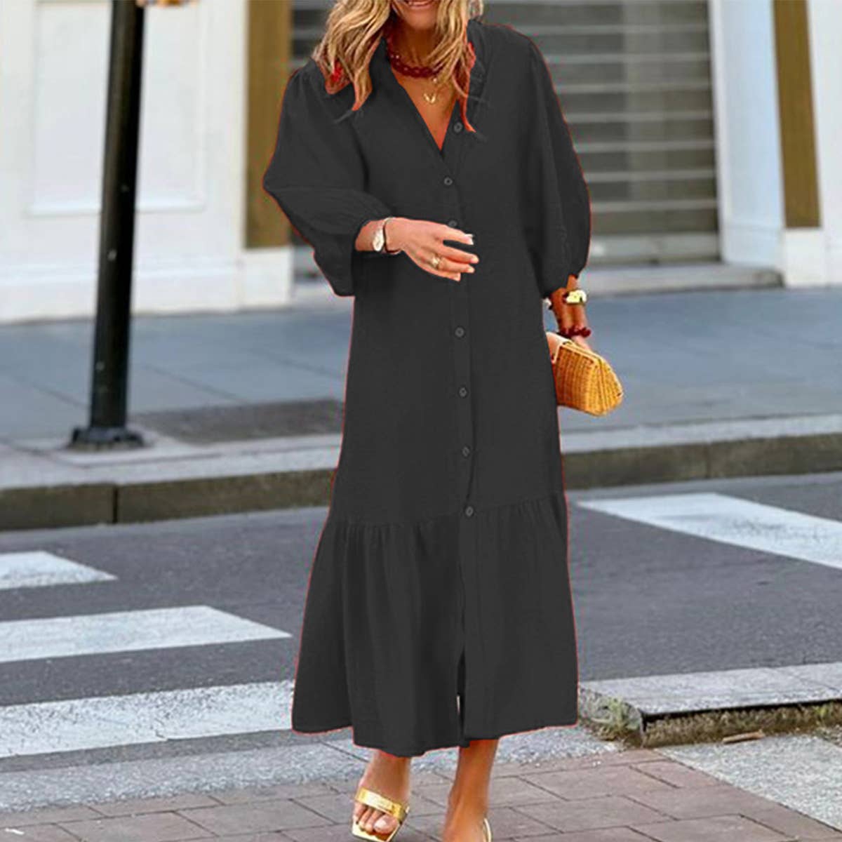 STAND COLLAR SINGLE-BREASTED DRESS