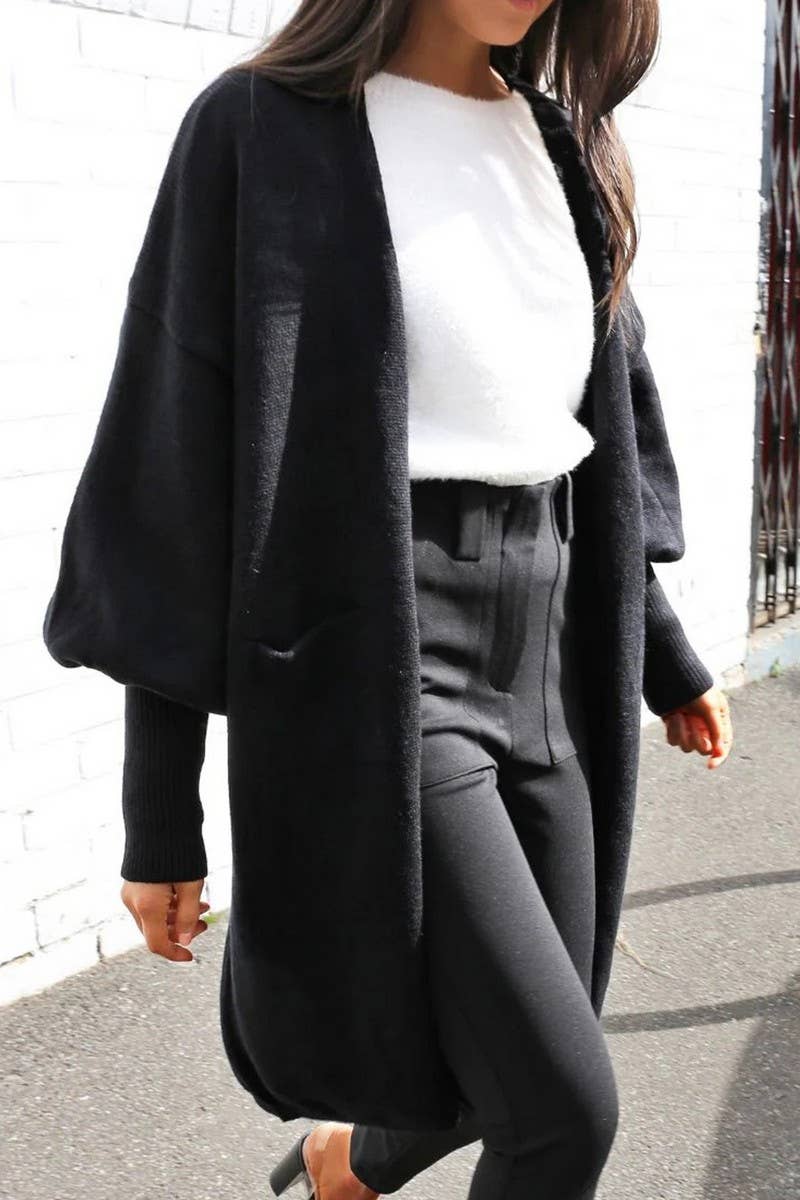 CWOCAL0821_PUFF SLEEVE  BUTTONLESS KNITTED CARDIGAN SWEATER