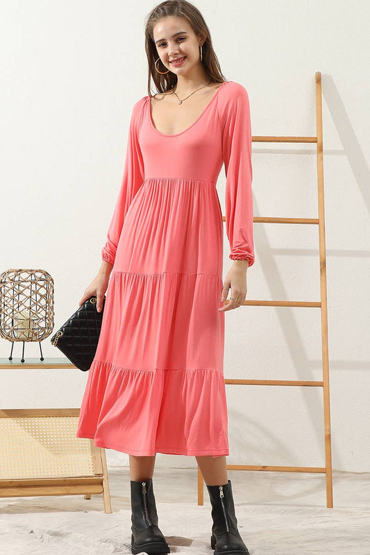 CWDMD801_ROUND NECK TIRED CASUAL RUFFLE MAXI SOLID DRESS