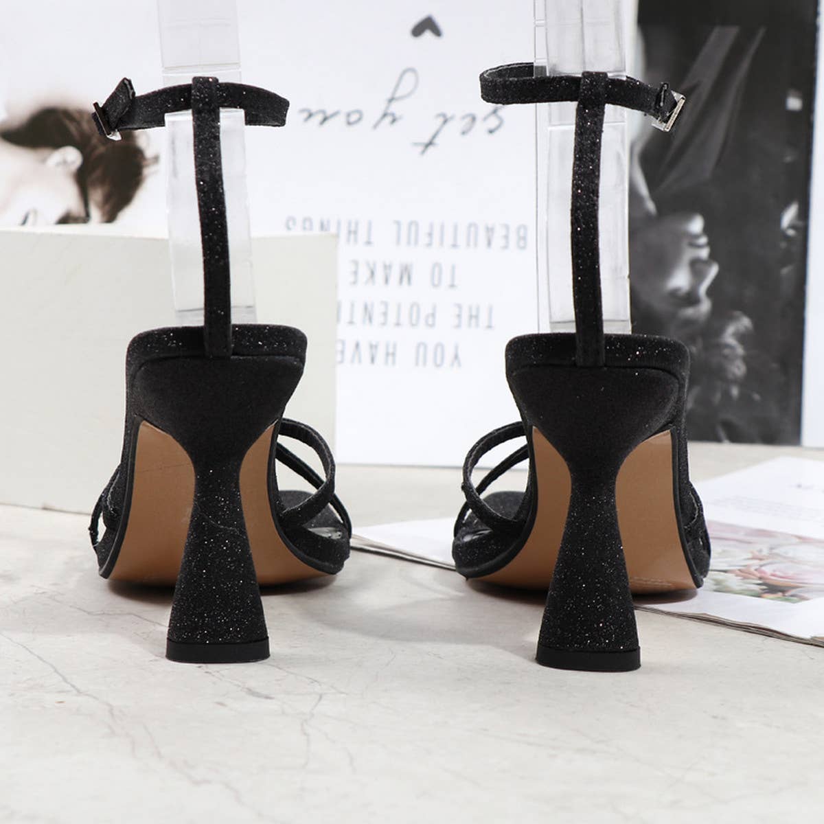 CROSS STRAP SEQUIN STILETTO SANDALS