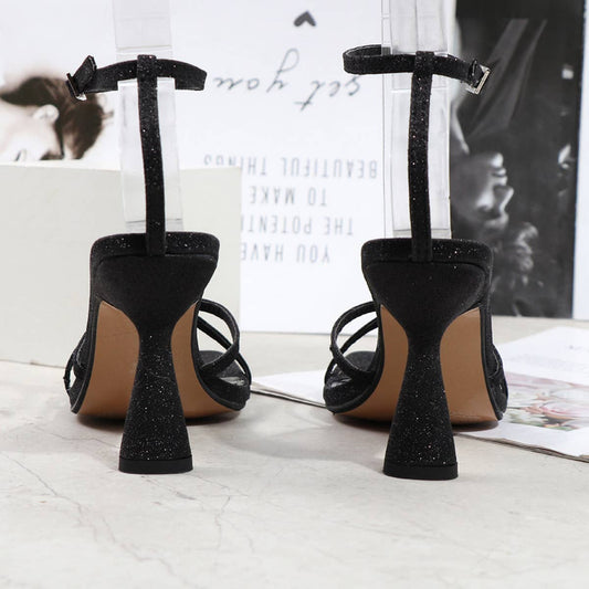 CROSS STRAP SEQUIN STILETTO SANDALS