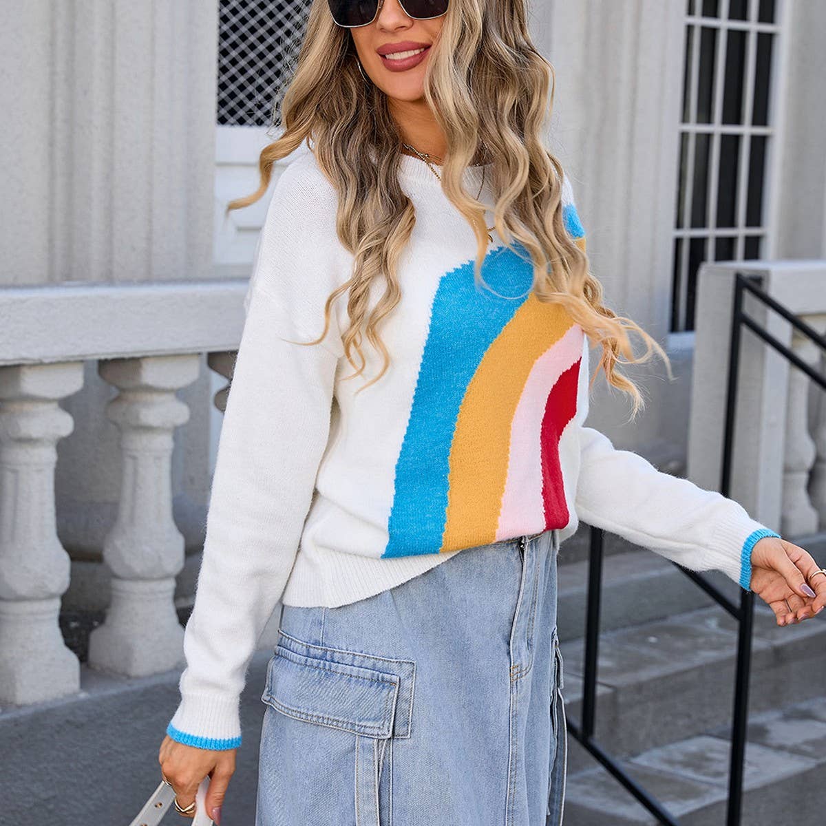 Patchwork Knitted Sweater With Rainbow Stripes