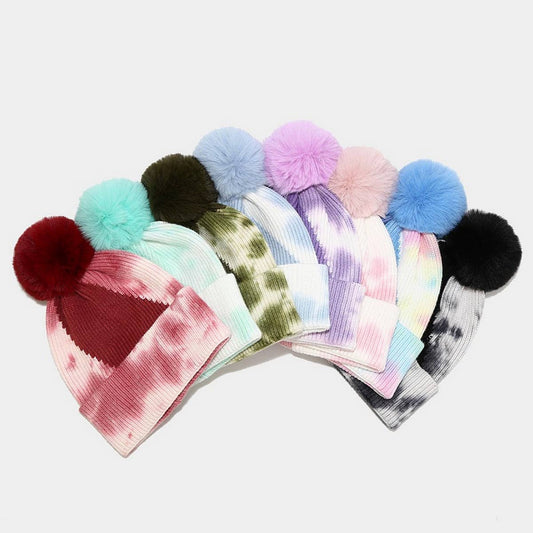 NEW TIE-DYE POM-POM KNITTED HAT_CWAH1619