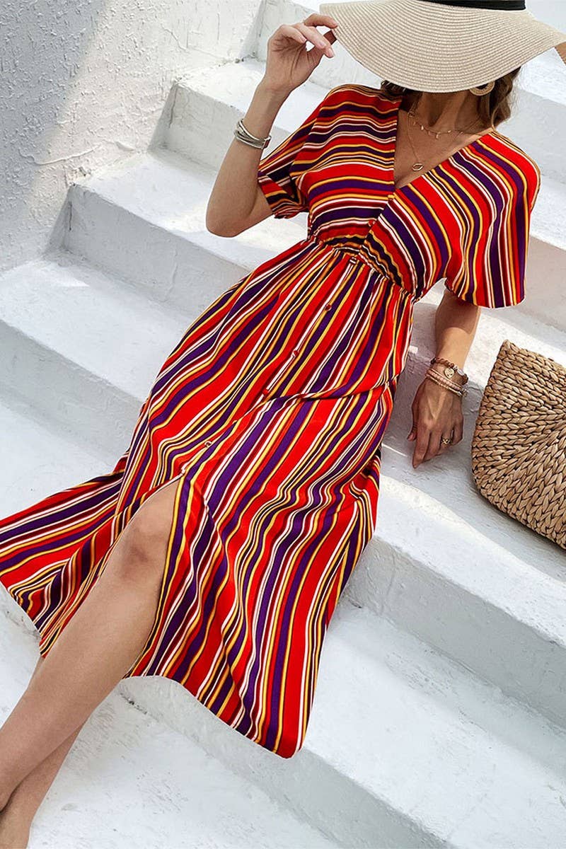 CWDMD4680_COLORFUL STRIPED V-NECK CASUAL HIGH WAIST DRESS