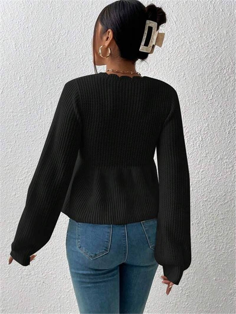 V-neck drawstring tie ruffled hem knit sweater