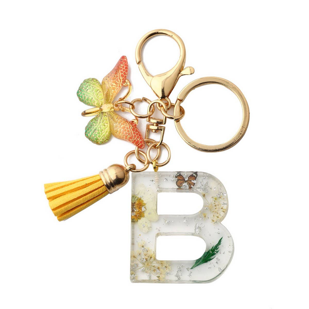 Flower Letter Keychain with Yellow Butterfly Charm_CWAB5090