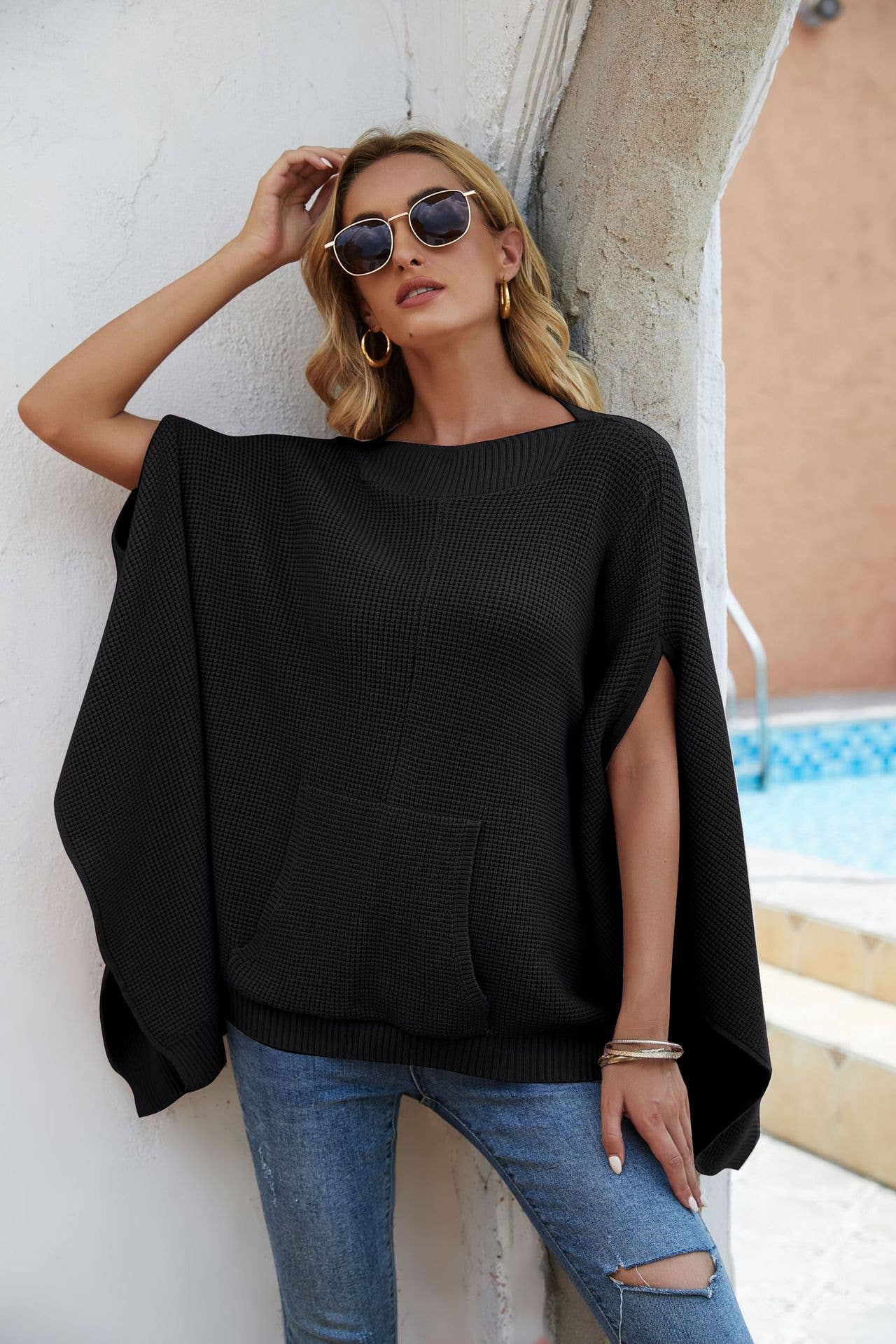 SOLID COLOR CASUAL STYLE PLUS-SIZE CAPE KNITWEAR