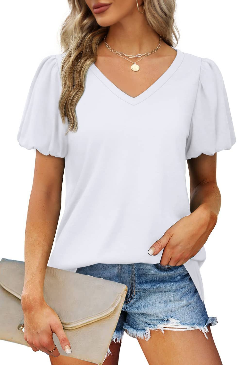 V-NECK LANTERN SLEEVE SOLID SHORT-SLEEVED TOP
