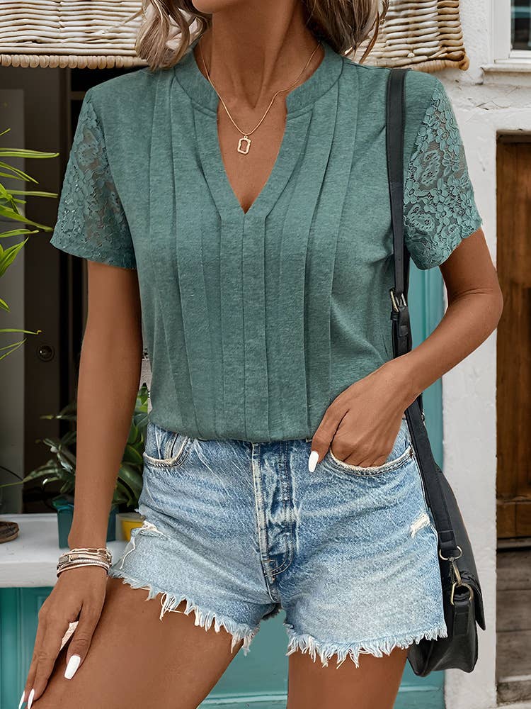 Basic Lace-Trim V-Neck Casual T-Shirt