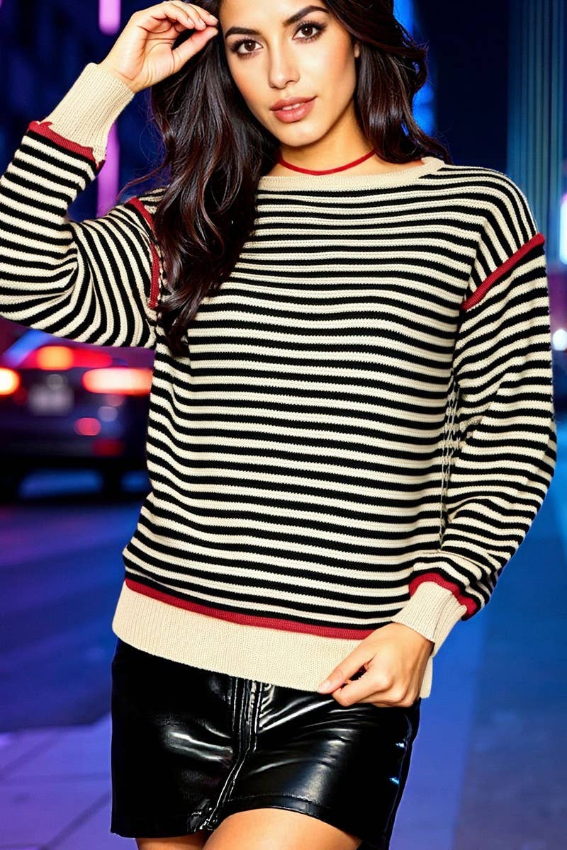 CWOSWL07084_STRIPED KNITTED CREW NECK LOOSE LONG-SLEEVED TOP
