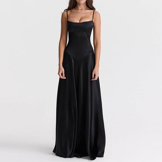 Solid-color strappy low-cut cinched-waist dress