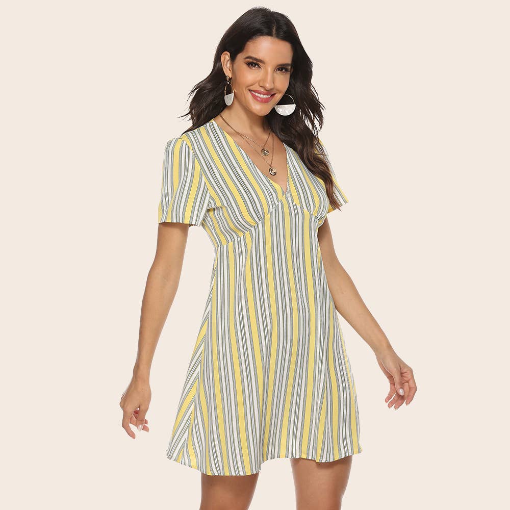 STRIPED V-NECK SHORT-SLEEVED SKIRT DRESS