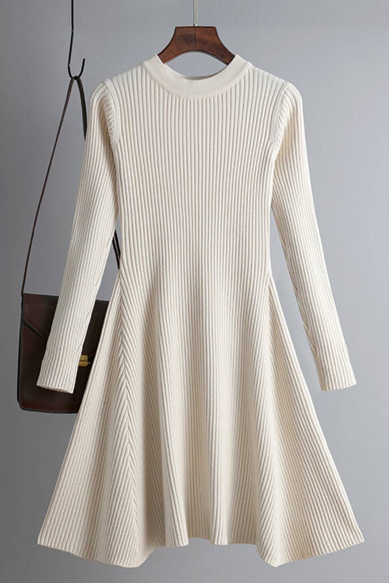 CWDSD10804_SOLID KNIT LONG SLEEVE A-LINE BODYCON DRESS