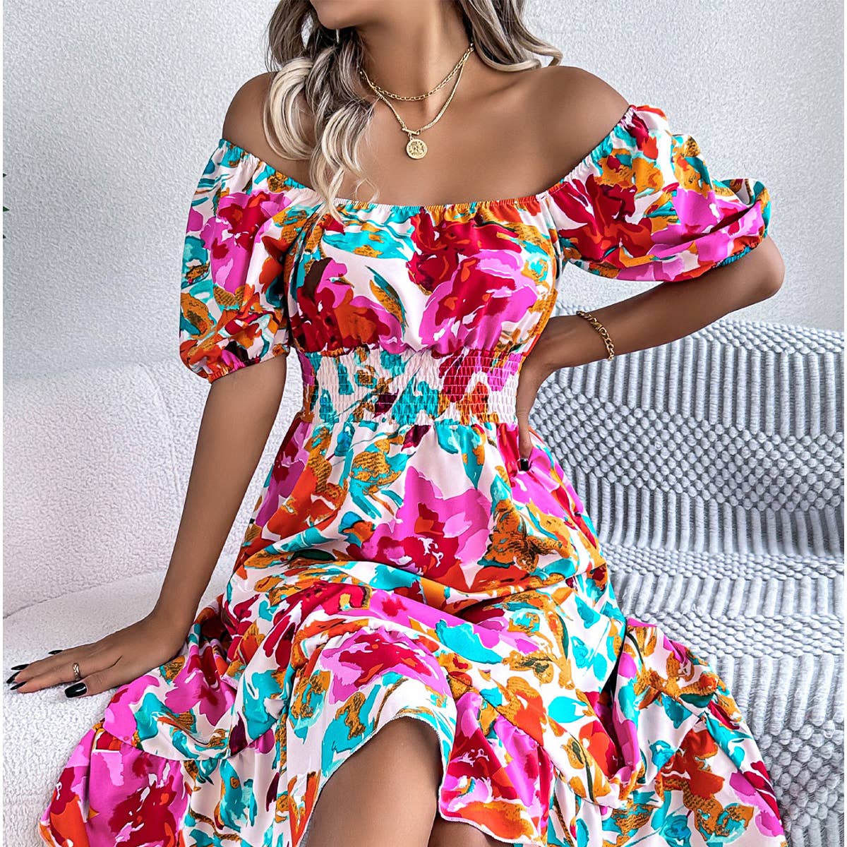 Printed square collar waist peplum A-line dress