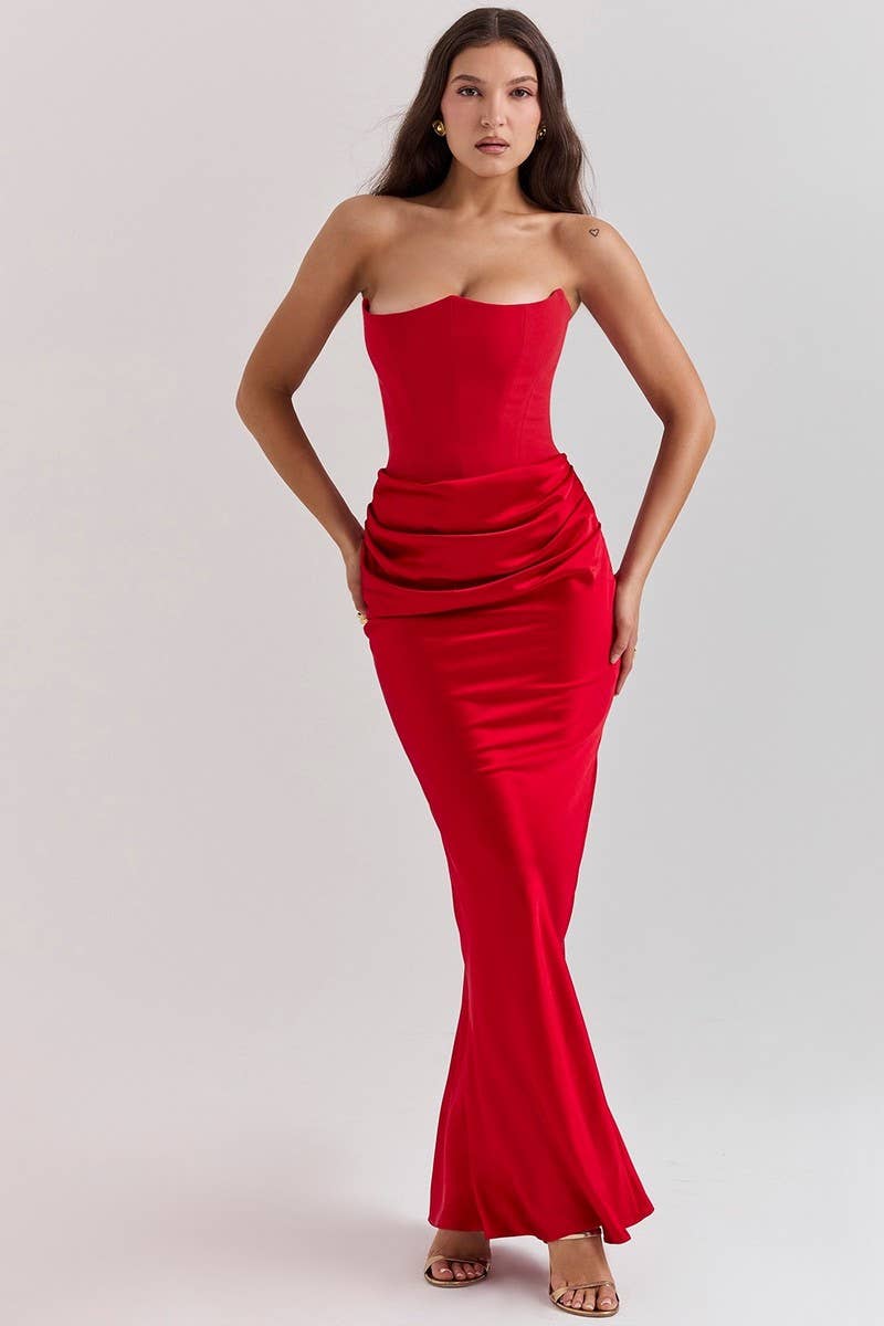 CWDMD5492_STRAPLESS BONED FITTED SOLID COLOR MERMAID DRESS