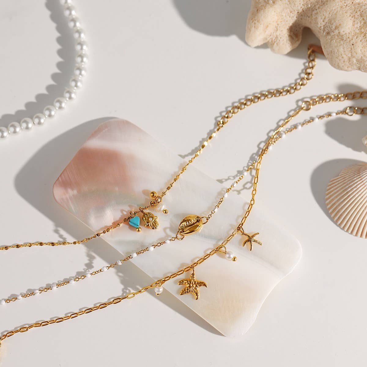 18K Gold Pearl & Enamel Conch Necklace & Bracelet_CWAJE4855