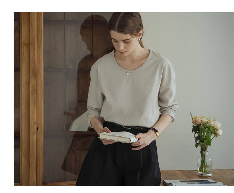 FASHIONABLE COTTON CREW-NECK LONG-SLEEVED TOP