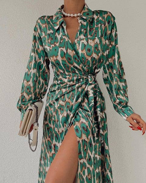 LEOPARD PRINT LONG-SLEEVED CASUAL LACE-UP DRESS