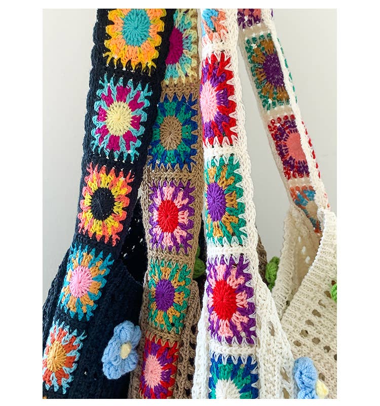 Ethnic-style artistic flower patchwork knit bag