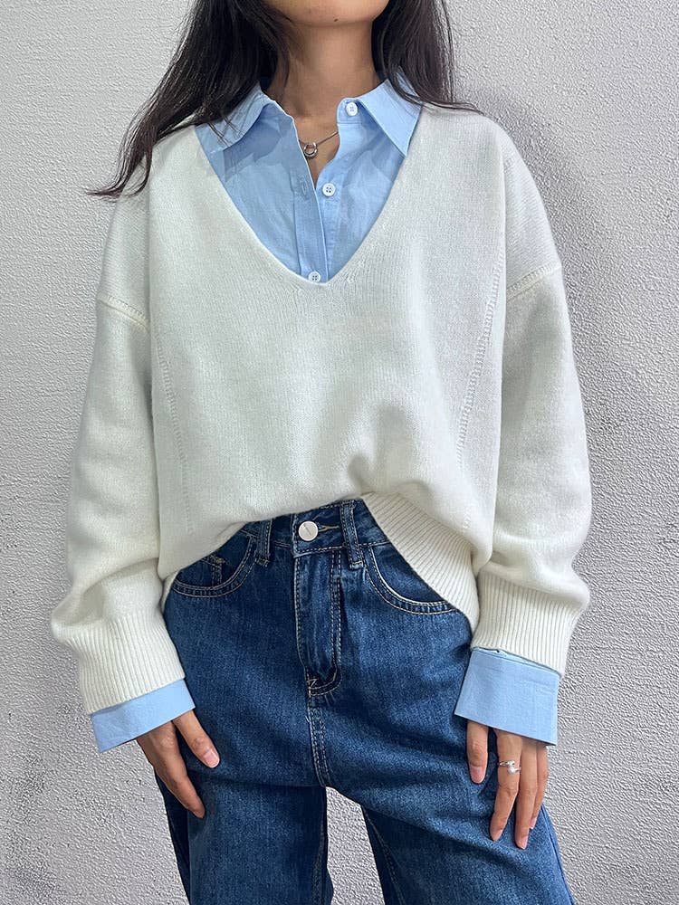 V-neck solid color loose wool sweater