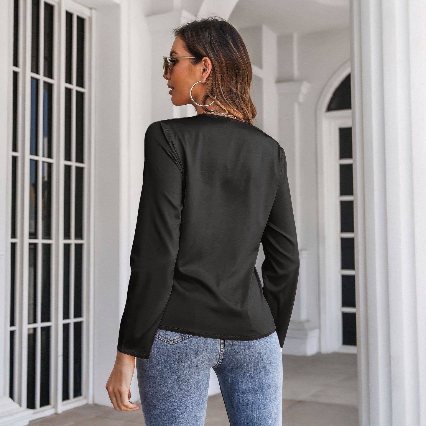 KNOTTED SATIN LONG SLEEVE BLOUSE LADY