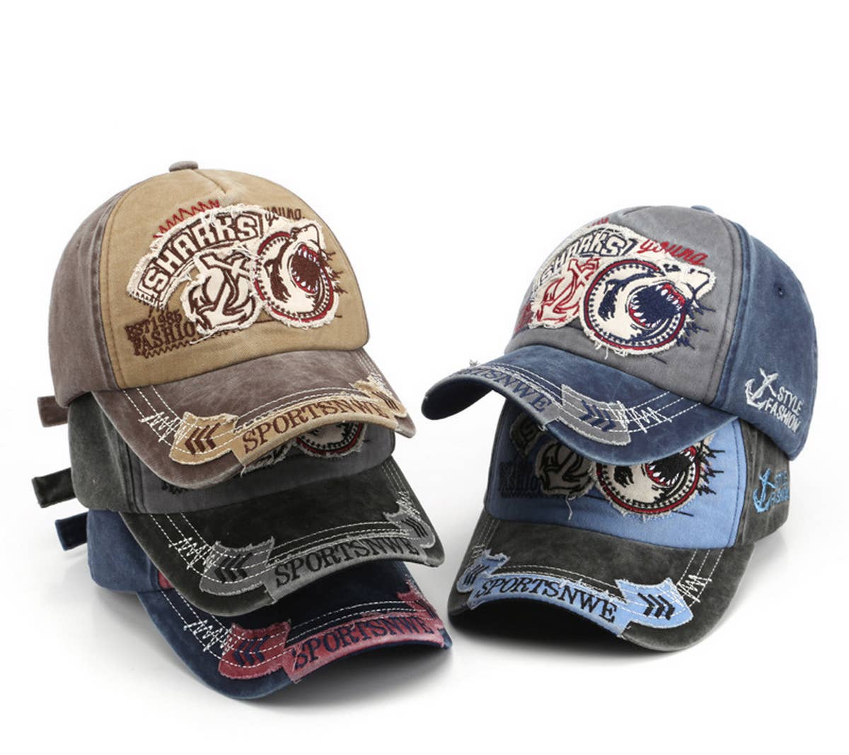 CWAH3228_NEW EMBROIDERED SHARK COWBOY BASEBALL CAP