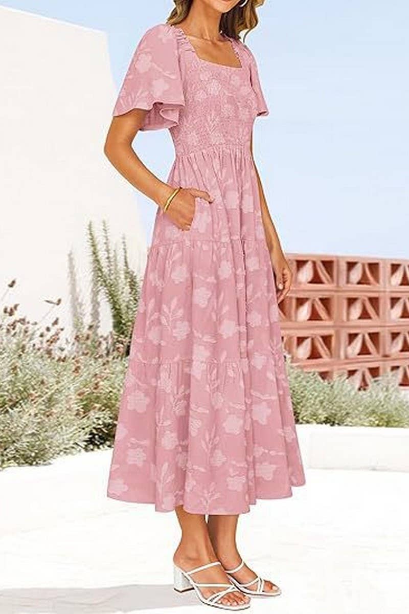 CWDMD6367_SQUARE NECK BOHEMIAN FLORAL MIDI DRESS