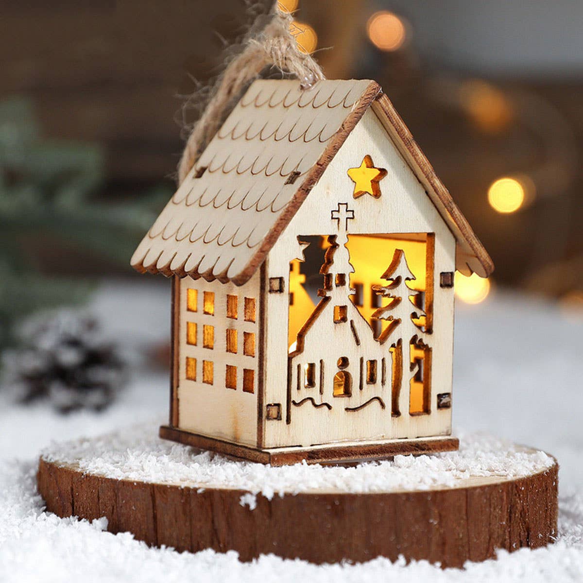 Wooden Christmas House Light Tree Ornament Gift_CWMM9758