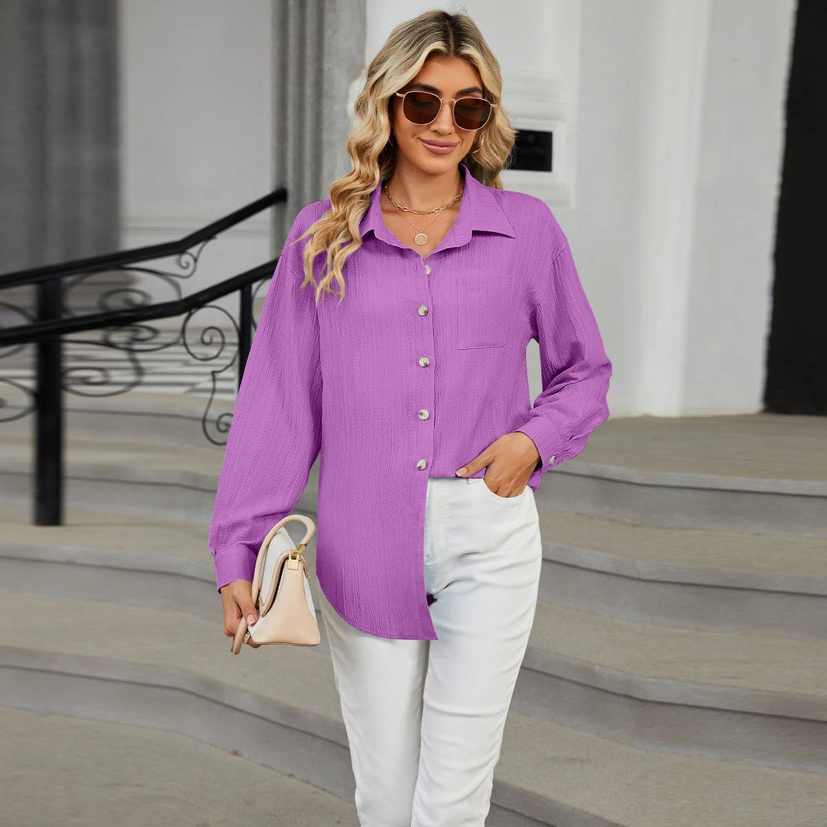 Long sleeve lapel button solid color shirt