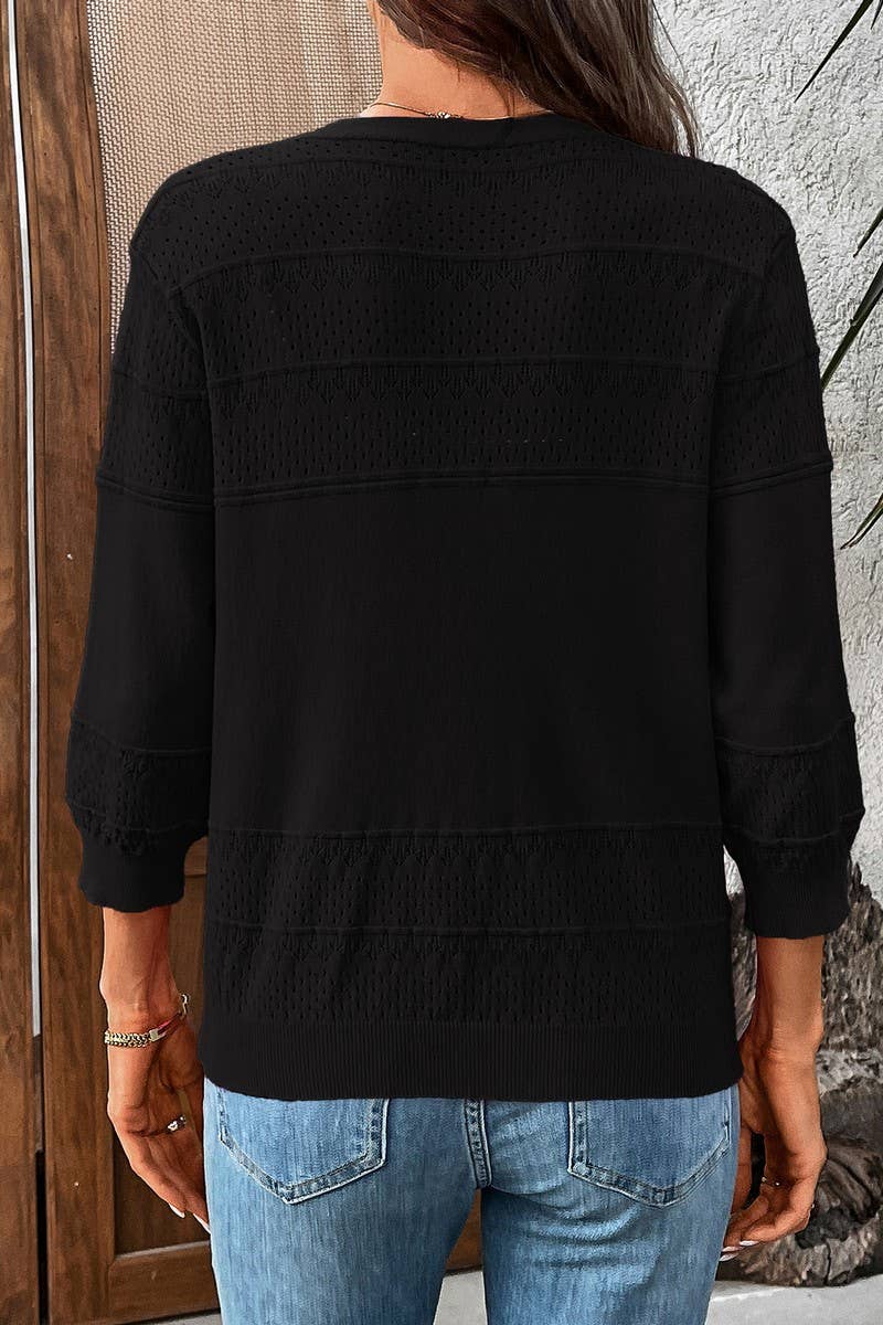 CWOCAL2303_THREE-QUARTER SLEEVE HOLLOW KNIT V-NECK CARDIGAN