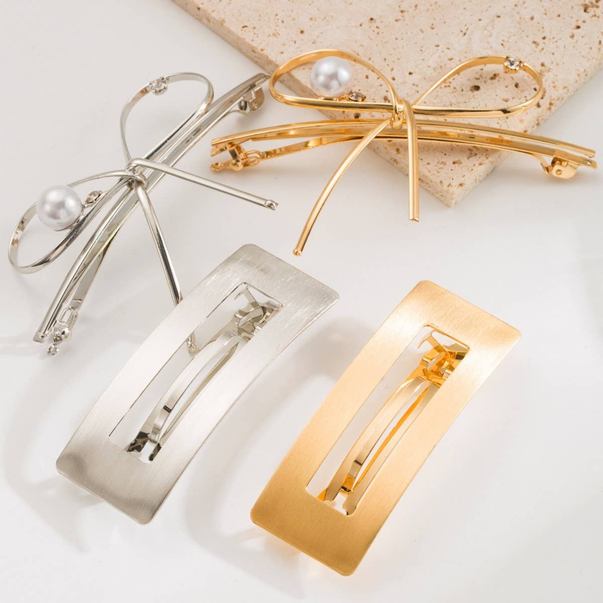 Minimalist Metal Bow Hollow Rectangle Spring Clip