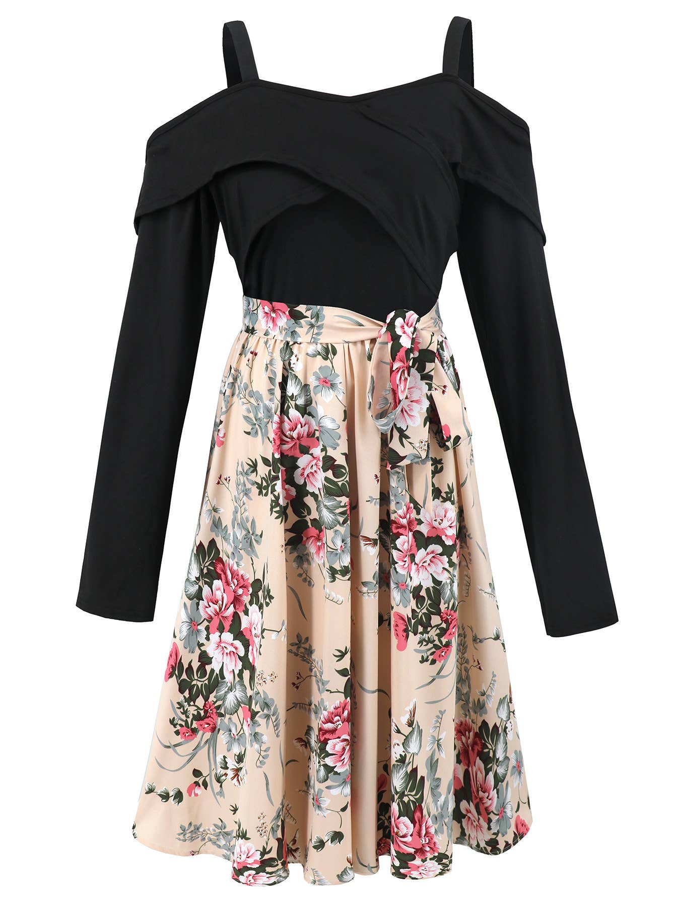 Long-sleeved off-the-shoulder floral dress