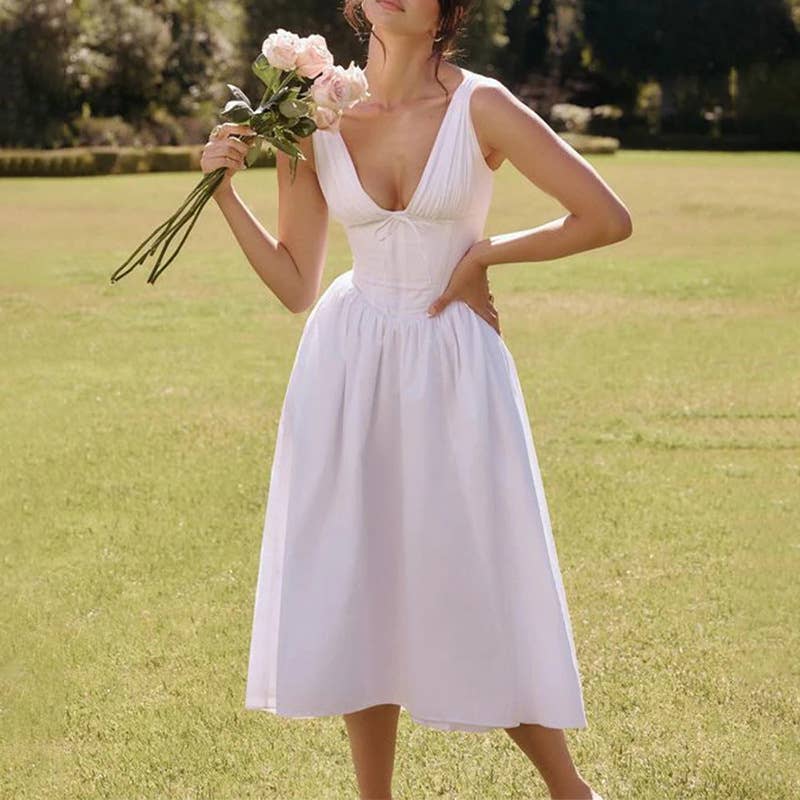 STYLISH SOLID COLOR BACKLESS HIGH-WAISTED DRESS