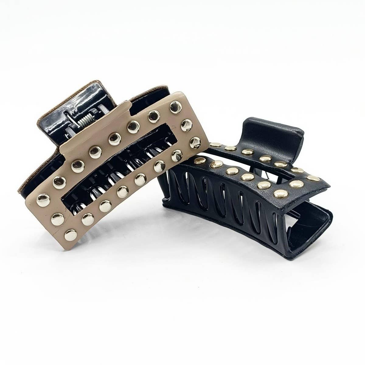 9cm Rectangular Faux Leather Studded Hair Claw_CWAHA6366